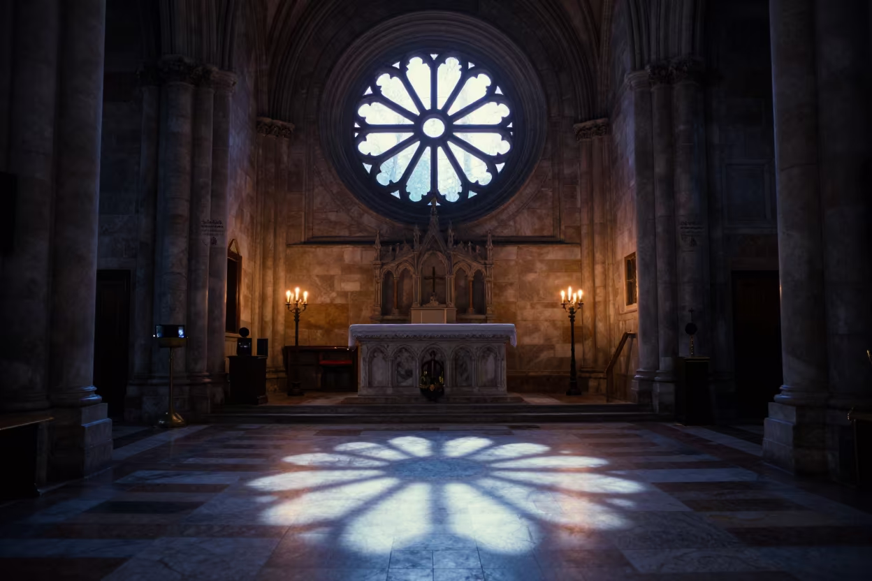 Sunlight Rose Window Cathedral Floor Savannah Evening in at the foot of a stone altar in Savannah