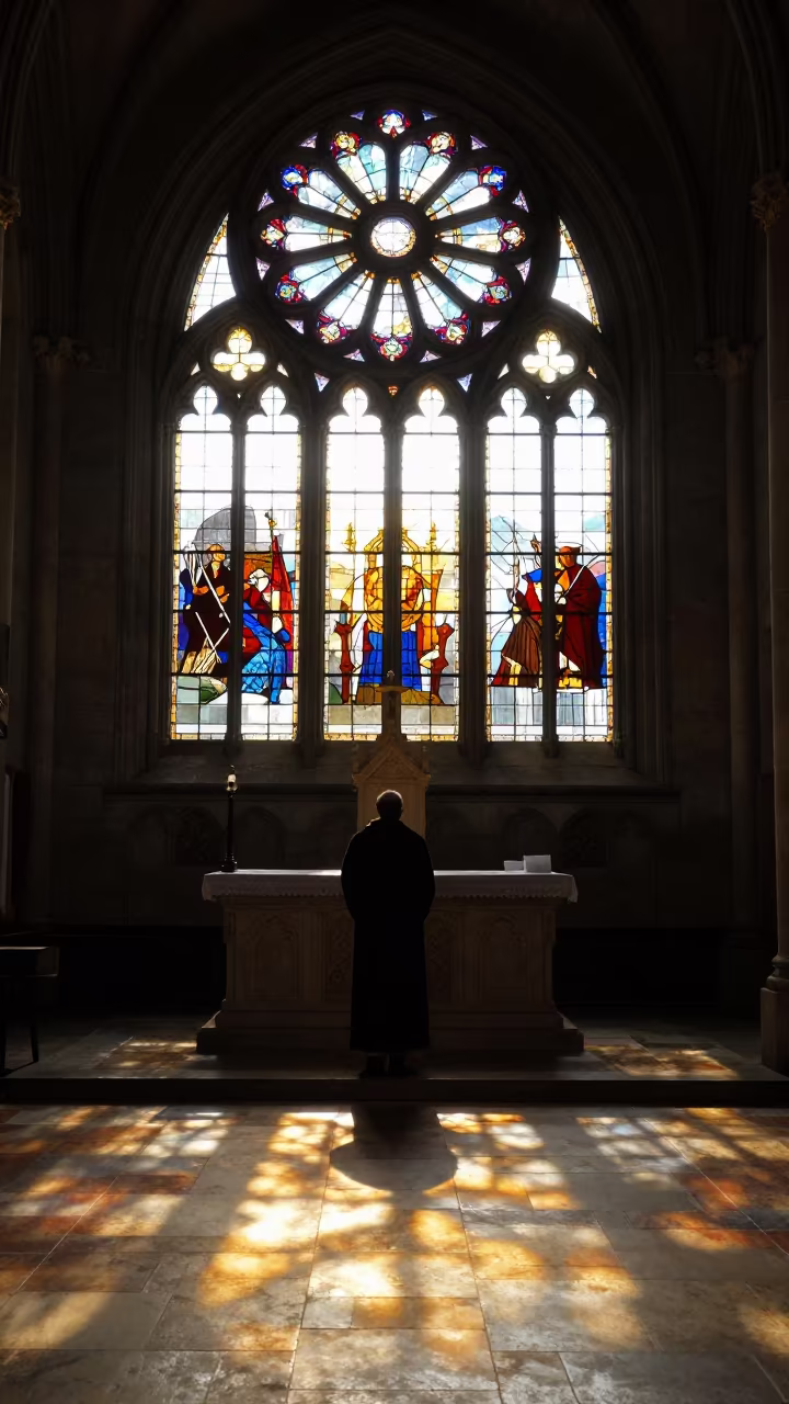Sunlight Through Rose Window on Cathedral Floor in at the foot of a stone altar in Memphis