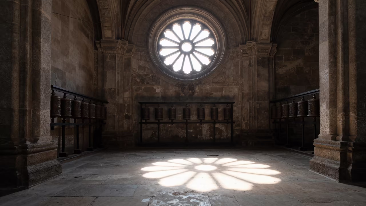 Sunlight Through Rose Window on Cathedral Stone Floor in beside a prayer wheel corridor in Vadodara