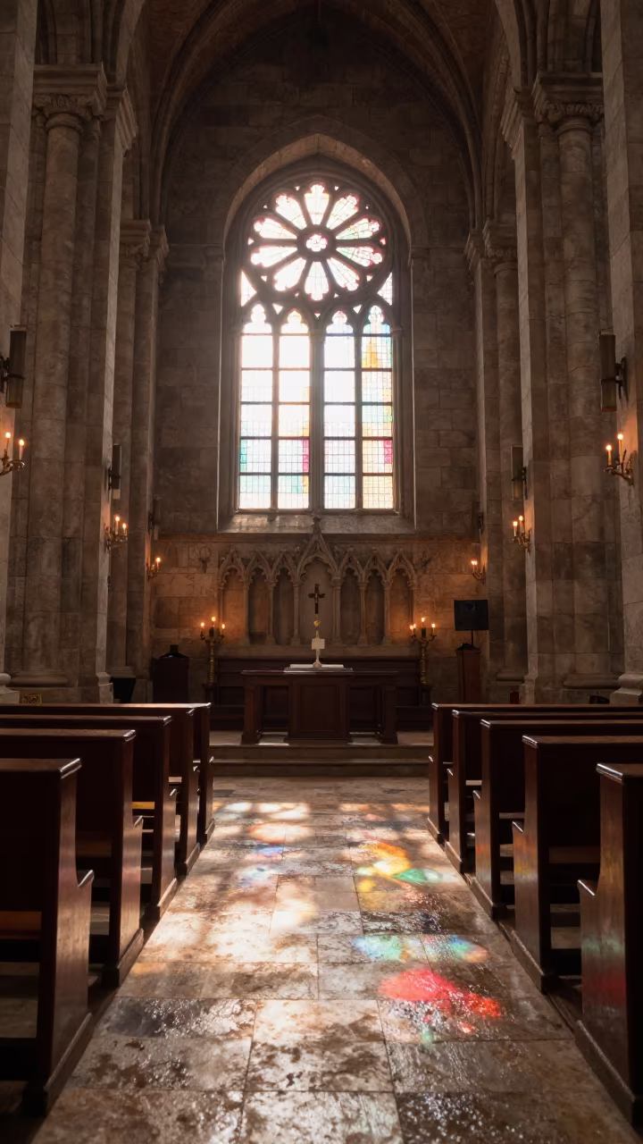 Sunlight Rose Window Stone Cathedral Bangui in inside a candlelit nave in Bangui