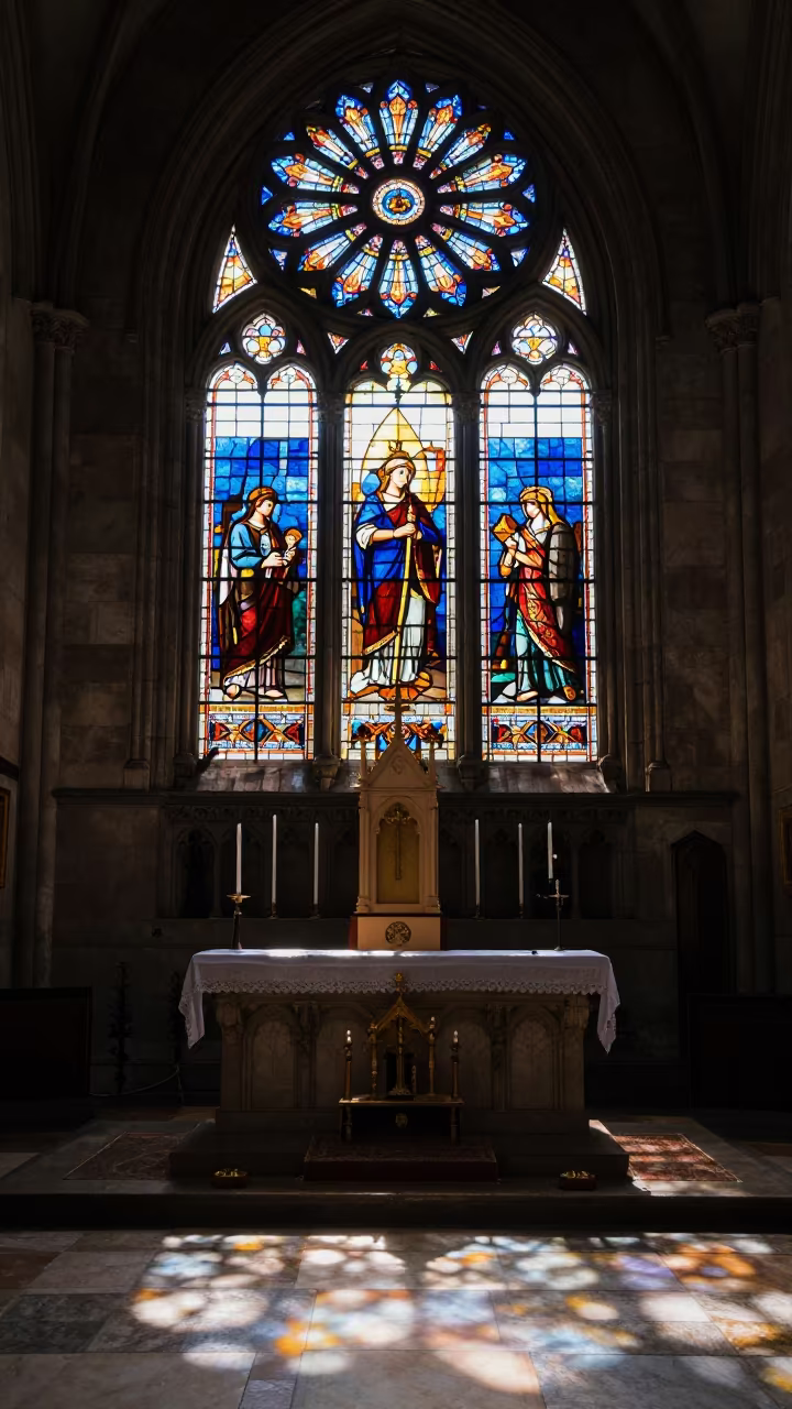 Sunlight Through Rose Window on Stone Floor in at the foot of a stone altar in Kitchener