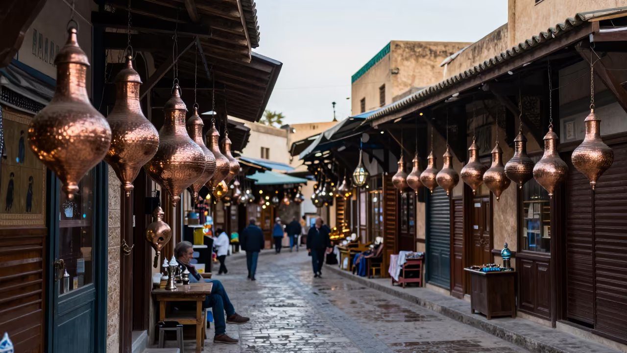 Sunlight Through Souk Roof on Copper Lanterns in in a covered bazaar aisle in Ville Nouvelle, Fez