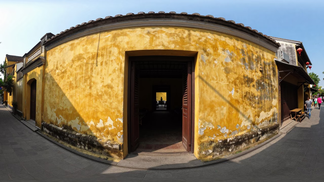 Sunlight Striking Doorframe of Hoi An Ancient Town Yellow Building During Bright Midmorning in in Hoi An, Vietnam