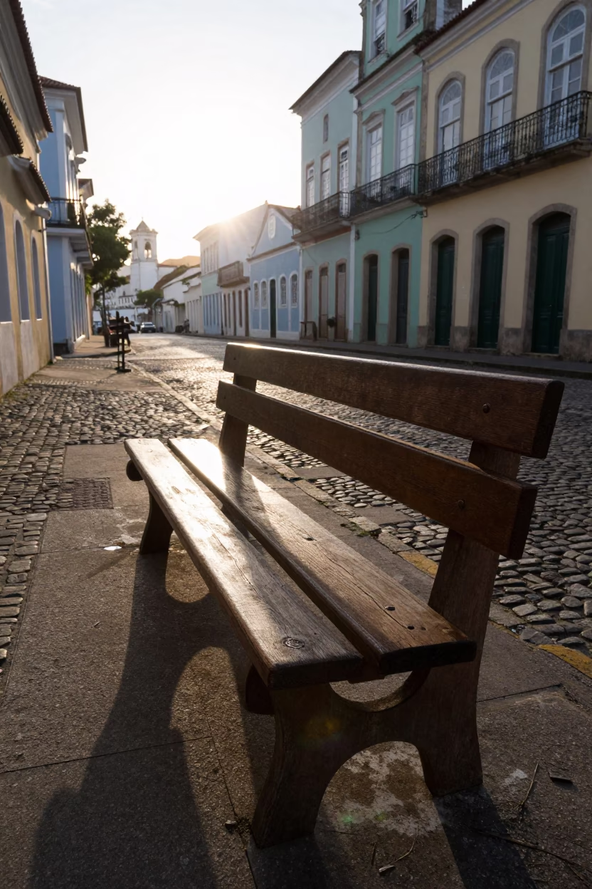 Sunlight Striking Wooden Bench in Salvador Brazil First Morning Light in in Salvador, Brazil