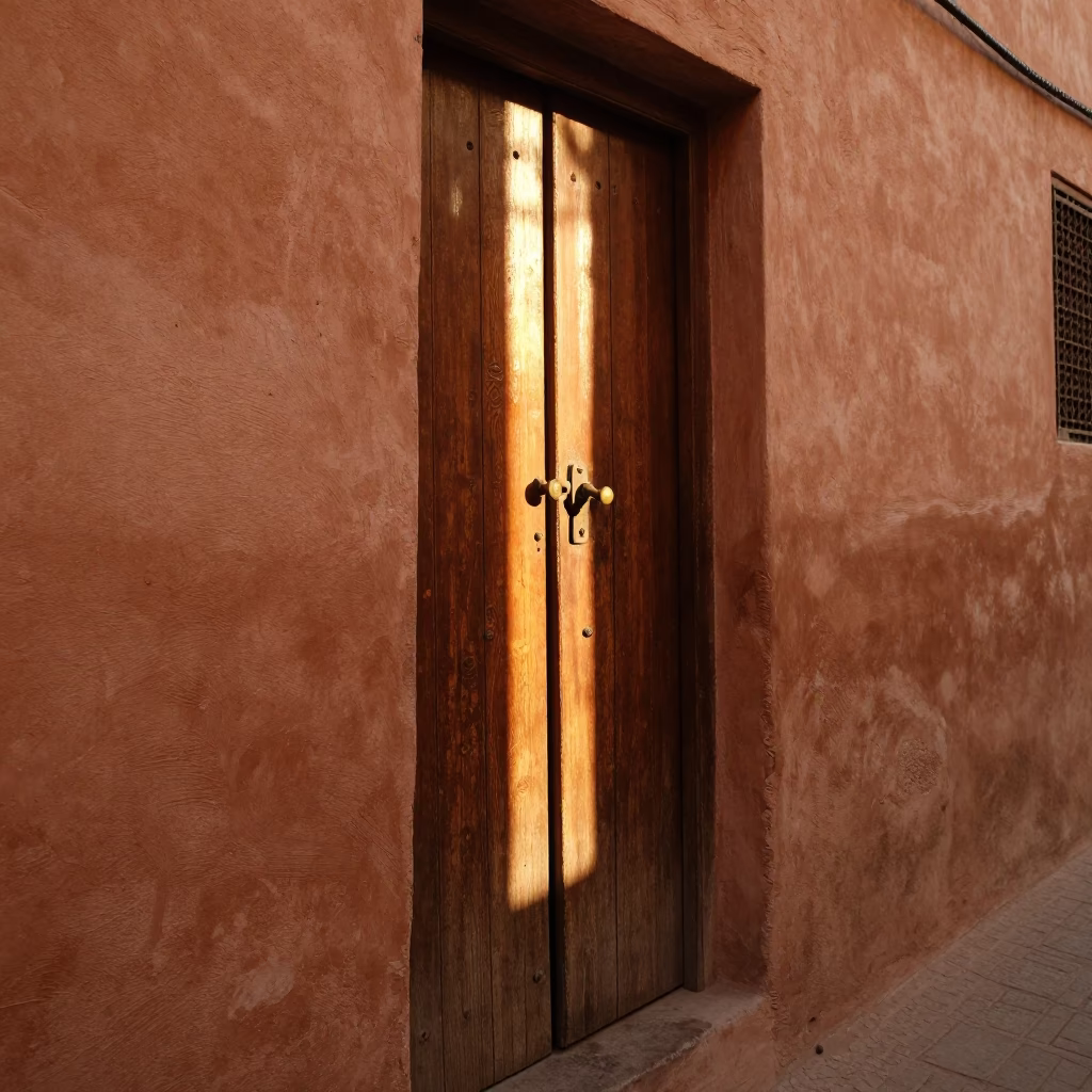Sunlight stripe across latch on weathered wooden door in Marrakech Medina at golden hour in in Marrakech, Morocco