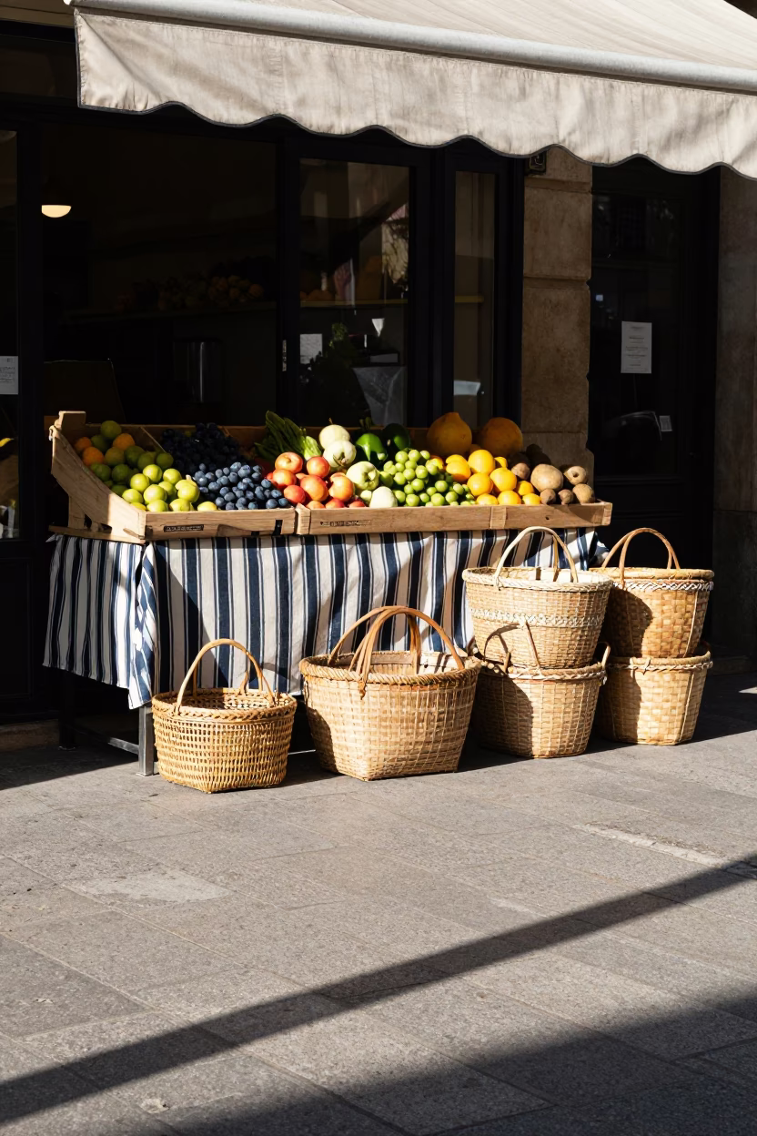 Sunlight Stripes and Woven Baskets in a Parisian Market Stall Afternoon in in Paris, France