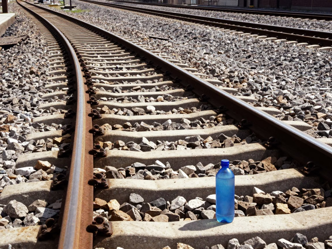 Sunlight Stripes on Bologna Railway Tracks with Watering Bottle and Indigo Fabric in in Bologna, Italy