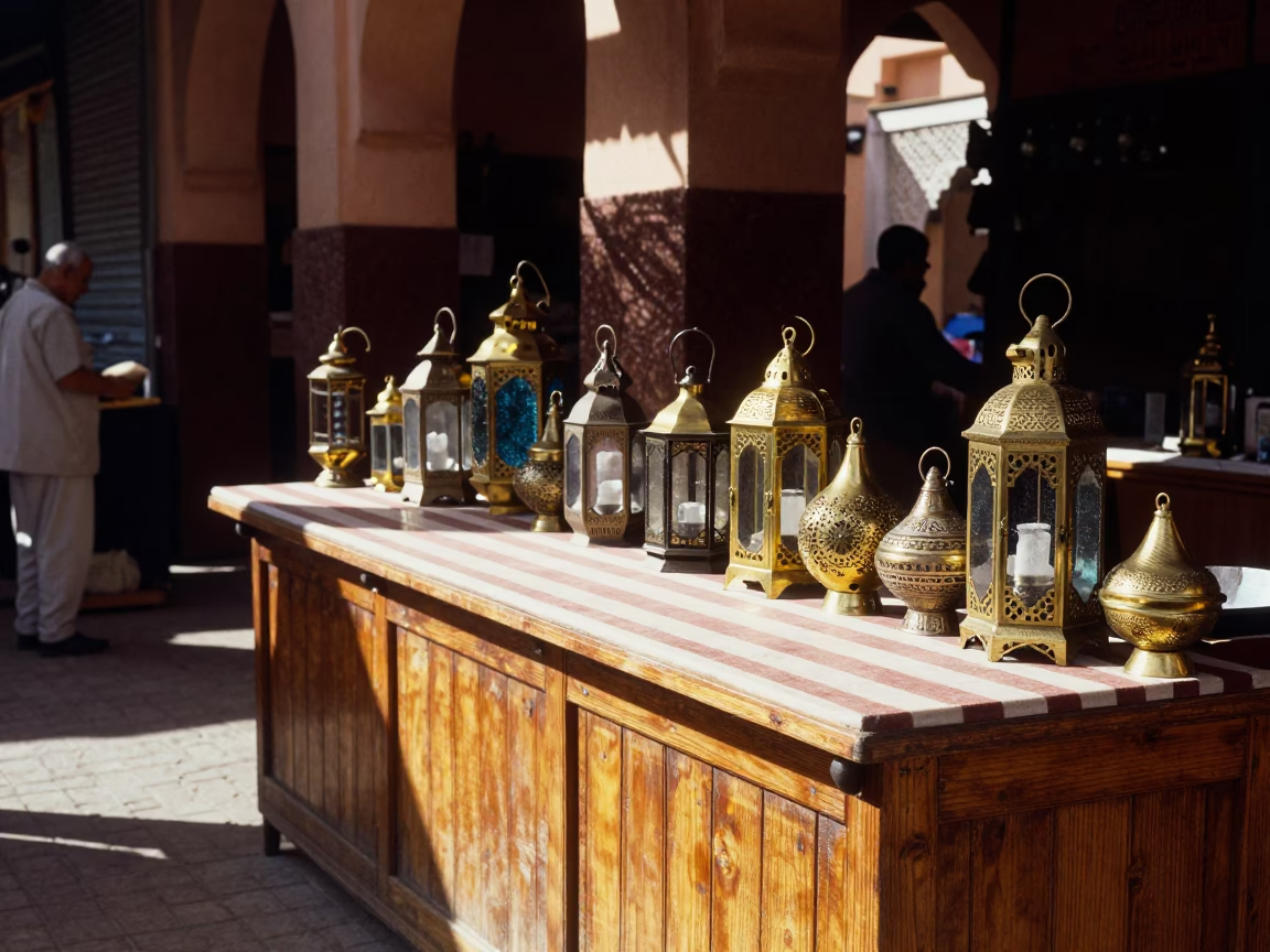 Sunlight Stripes on Moroccan Market Countertop in Marrakech Morocco Midmorning in in Marrakech, Morocco