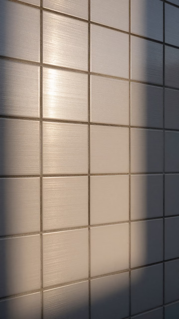 Sunlight Stripes on Osaka Tile Grout During Early Afternoon Street Scene in in Osaka, Japan