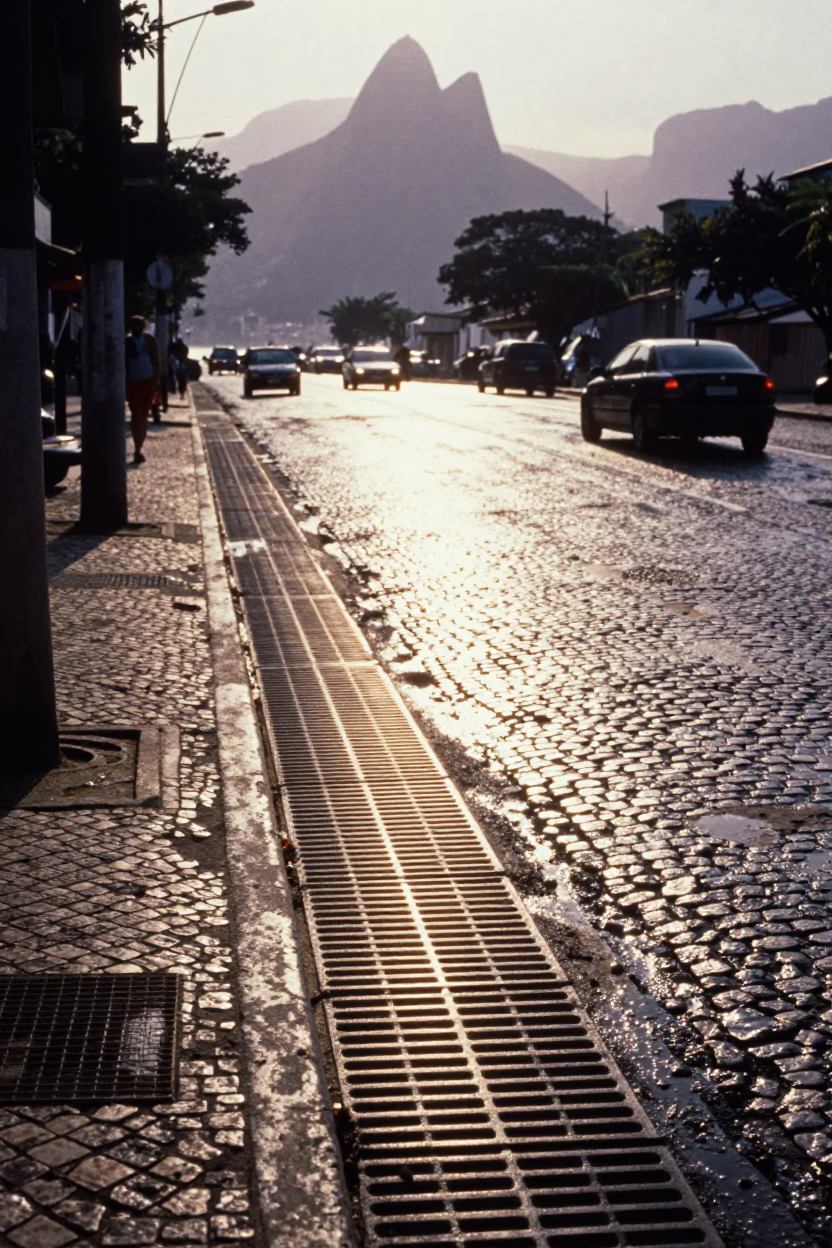 Sunlight Stripes on Rio Drain and Morning Street Life in Brazil in in Rio de Janeiro, Brazil