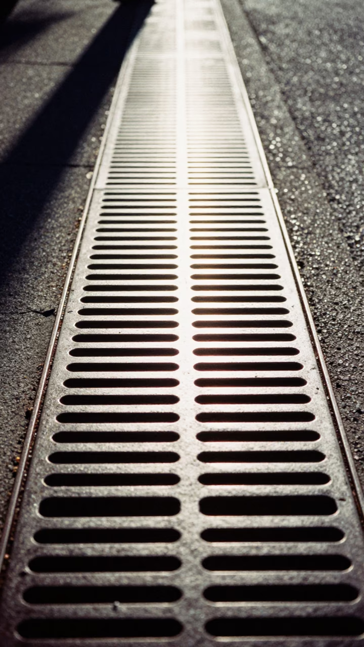Sunlight Stripes on San Francisco Drain Cover Near Ferry Building Early Afternoon in in San Francisco, California, United States