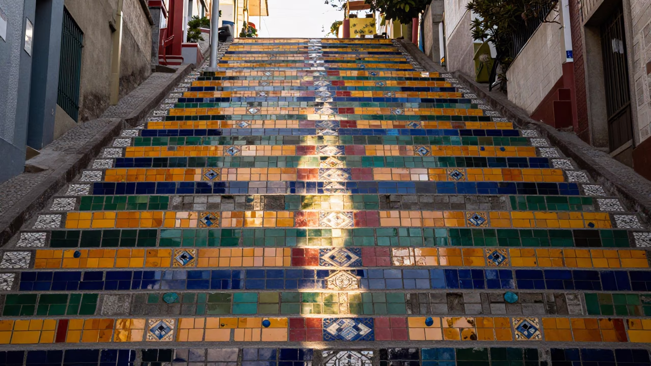 Sunlight Stripes on Valparaiso Tile Grout First Light Street Scene Chile in in Valparaiso, Chile