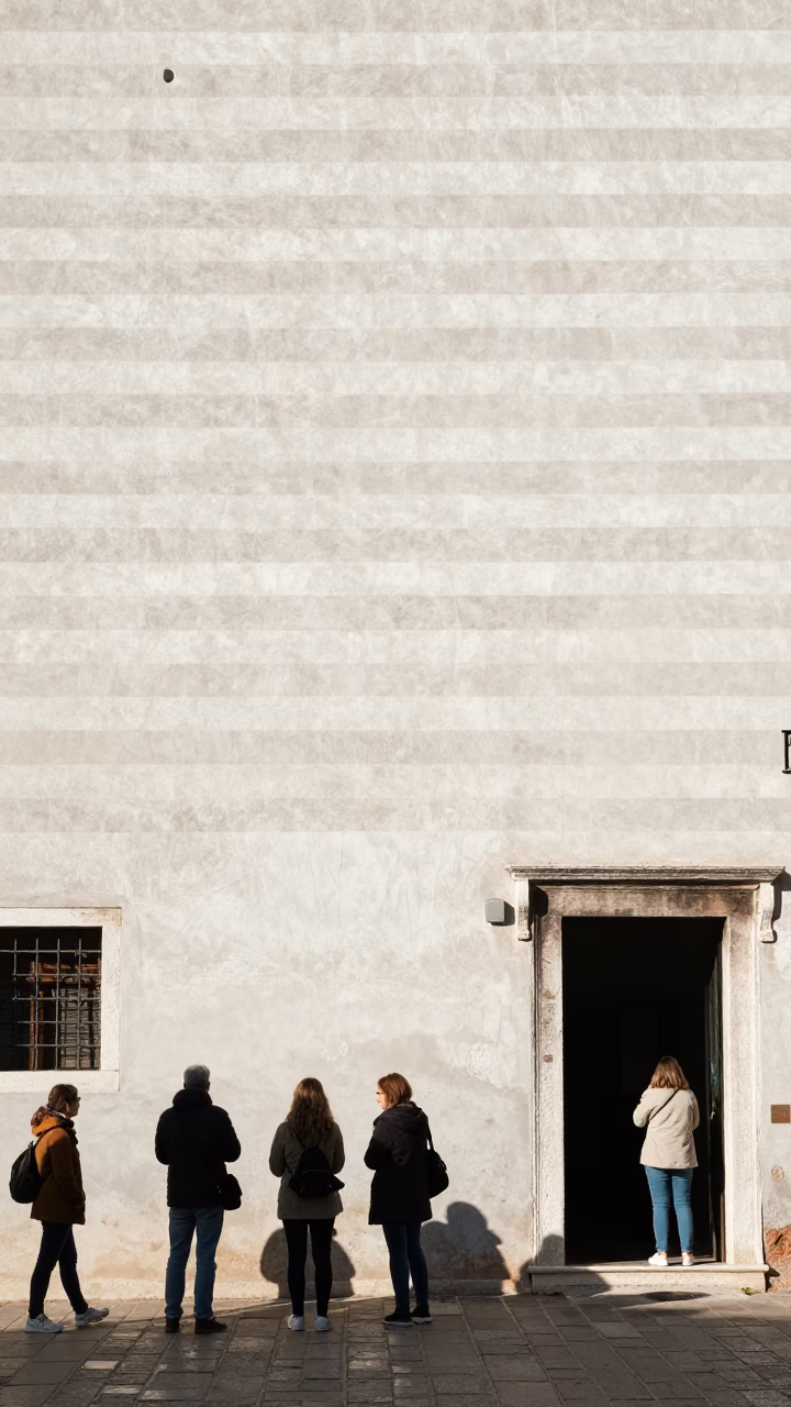 Sunlight Stripes on Venice Plaster Wall During Late Morning Street Scene in in Venice, Italy