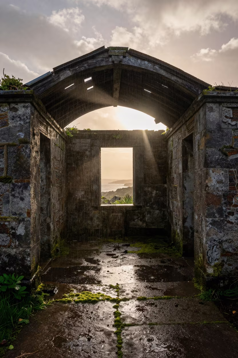 Sunlight Through Holes in Cornish Hammam Ruin in inside a roofless hammam in Cornwall