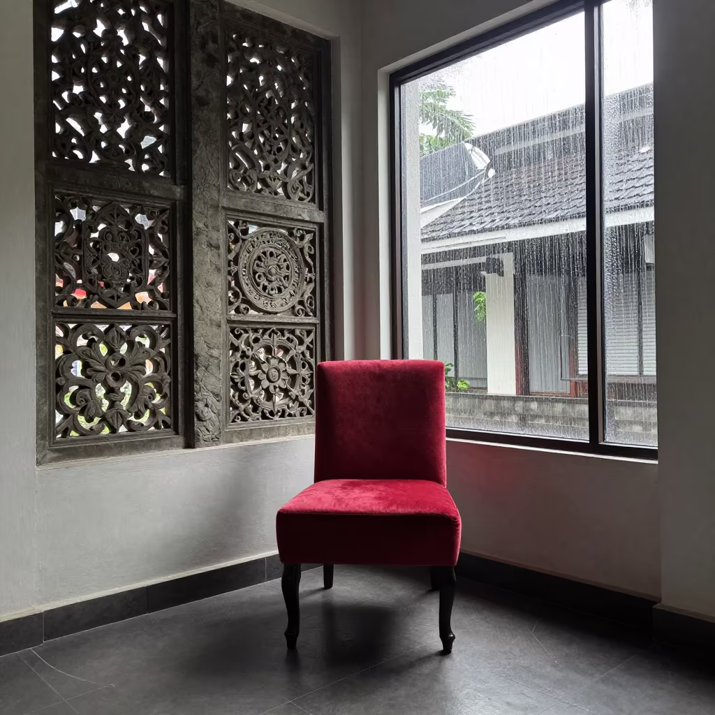 Sunlight Through Stone Jali on Velvet Chair Bandung in on a velvet chair near Bandung