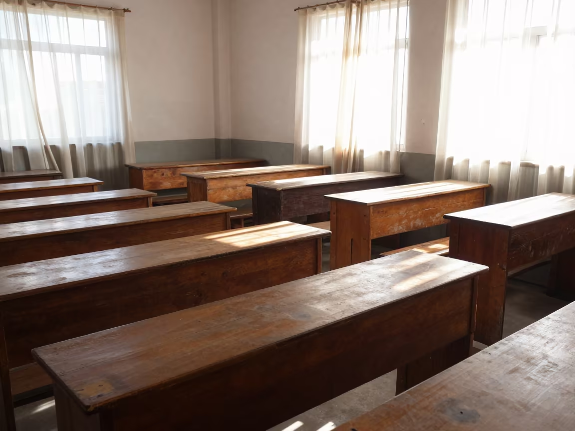 Sunlight on Worn Art Desks in Addis Ababa Classroom in inside an art classroom in Merkato, Addis Ababa