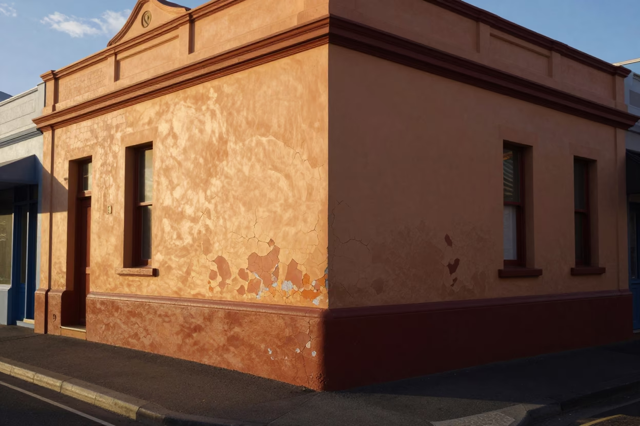 Sunlit Adelaide Street Corner with Cracked Stucco and Vintage Tea Tin in in Adelaide, South Australia, Australia