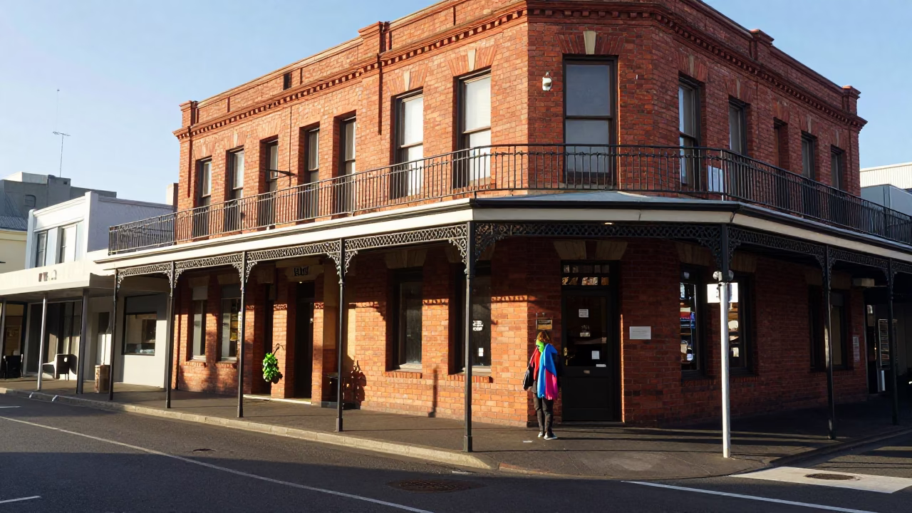 Sunlit Adelaide Street Scene with Wool Scarves and Basil Pot at Sunrise in in Adelaide, South Australia, Australia
