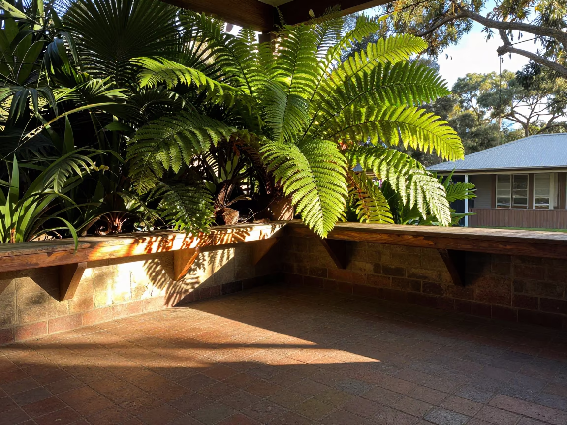 Sunlit Adelaide Terrace with Birds Nest Fern and Vintage Woodwork Details in in Adelaide, South Australia, Australia