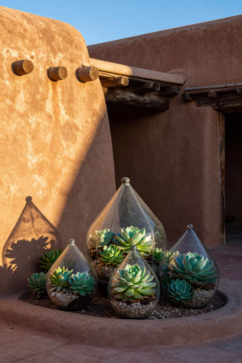 Sunlit Adobe Courtyard in Santa Fe New Mexico with Succulents and Morning Light in in Santa Fe, New Mexico, United States
