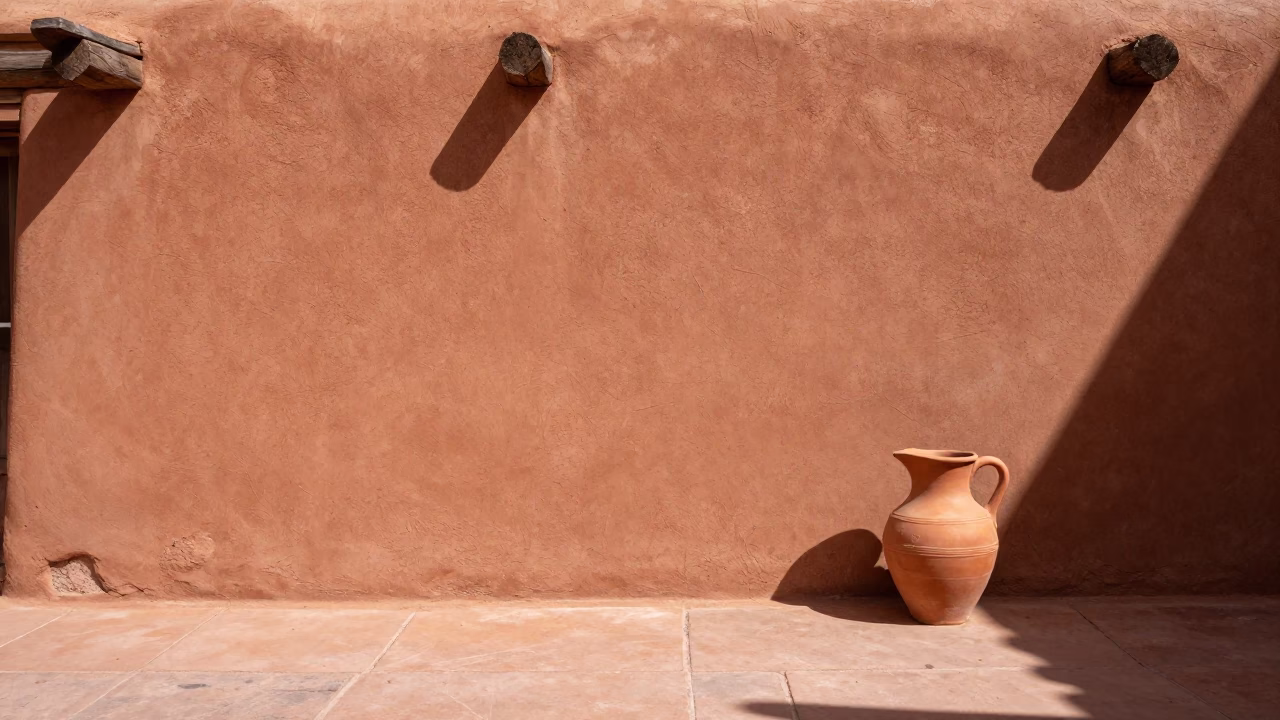 Sunlit Adobe Courtyard in Santa Fe New Mexico with Terracotta Pitcher and Sun Stripe in in Santa Fe, New Mexico, United States