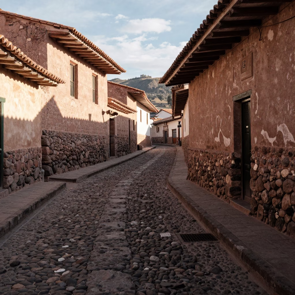 Sunlit Adobe Street Scene in Cusco Peru Early Afternoon with Stone Architecture in in Cusco, Peru