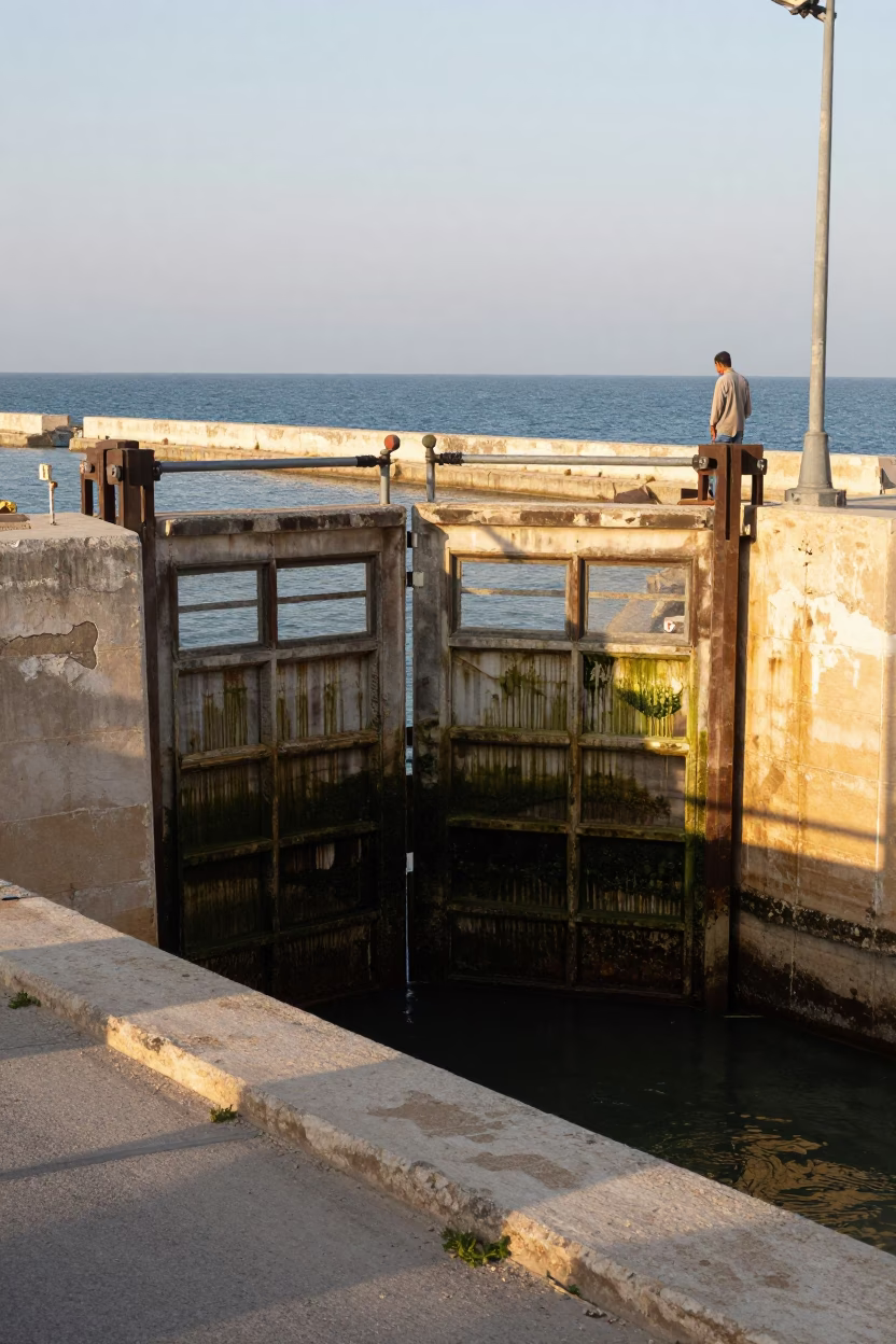 Sunlit Alexandria Street Scene with Concrete Floodgate and Water Ripples in in Alexandria, Egypt