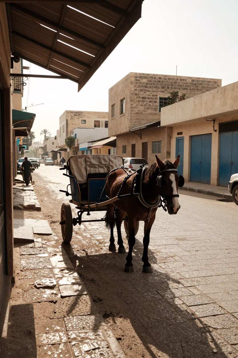 Sunlit Alexandria Street Scene with Horse Cart and Local Interaction in in Alexandria, Egypt