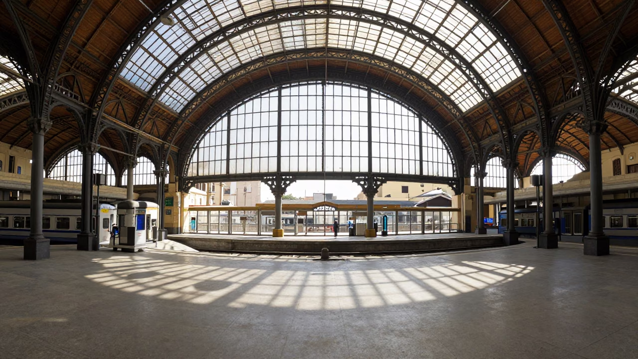 Sunlit Alexandria Train Station Arched Roof Midday Scene in in Alexandria, Egypt