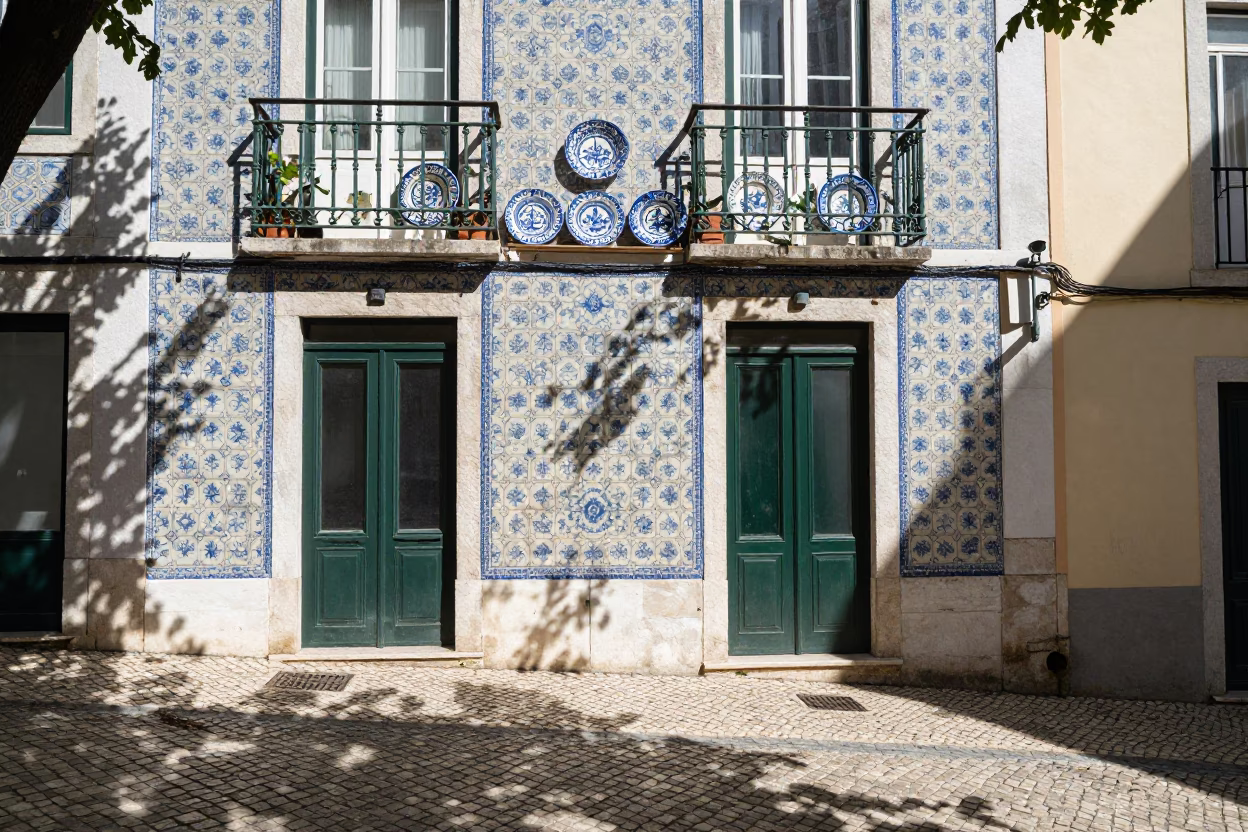 Sunlit Alfama Alley with Leaf Shadows and Majolica Plates in in Lisbon, Portugal