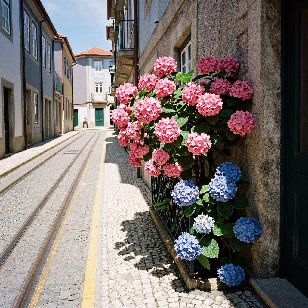 Sunlit Alfama Alleyway with Blue Hydrangeas and Water Rings on Stone Table in in Porto, Portugal