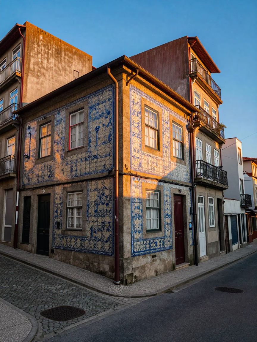 Sunlit Alfama Alleyway with Overhead Pipes and Colorful Tiles in Porto Portugal in in Porto, Portugal