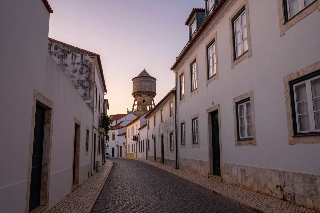 Sunlit Alfama Alleyway with Water Tower and Morning Market Activity in Lisbon in in Lisbon, Portugal