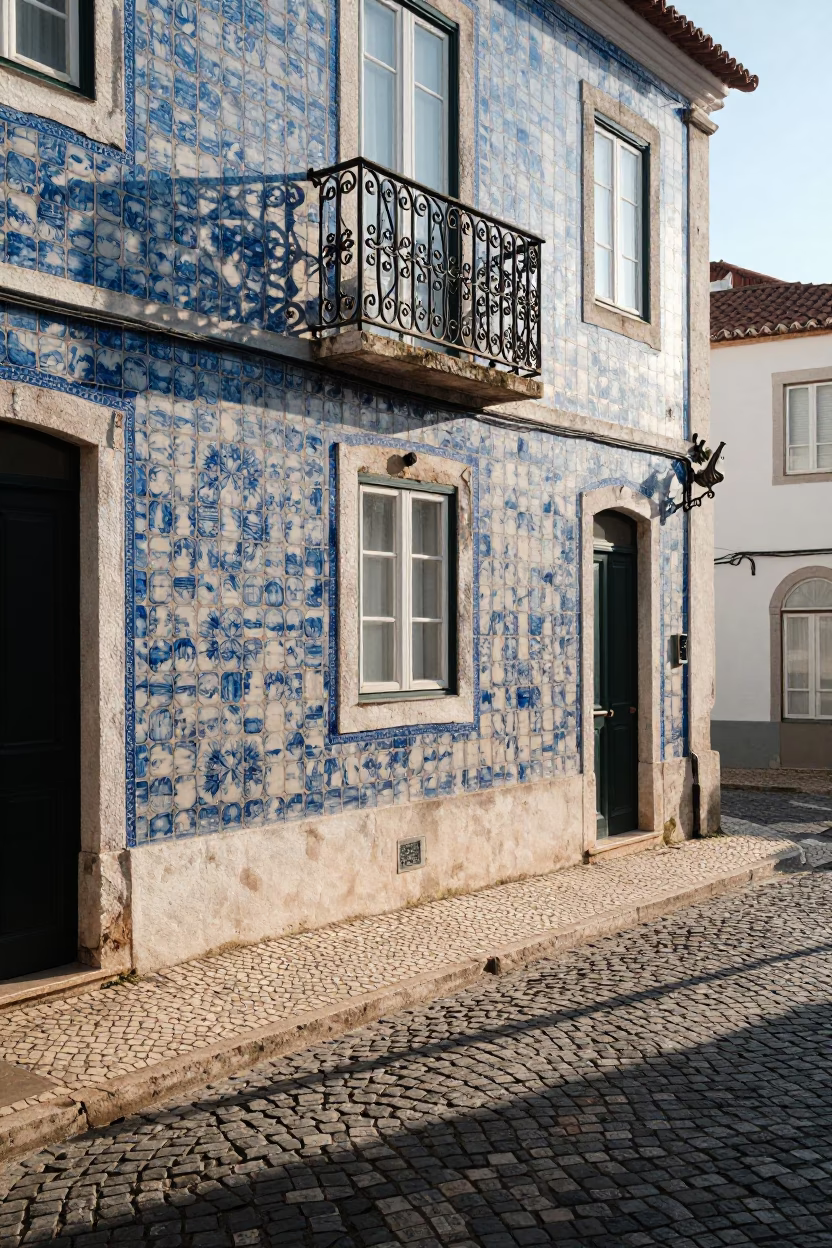 Sunlit Alfama Cobblestone Street with Blue Tiled Facade and Morning Light in Lisbon Portugal in in Lisbon, Portugal