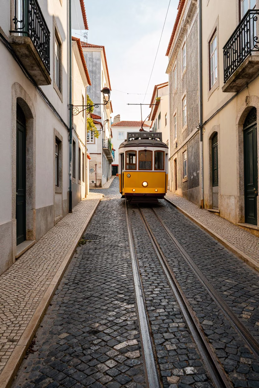Sunlit Alfama Cobblestone Street with Yellow Tram and Green Succulent Wall in Morning Light in in Lisbon, Portugal