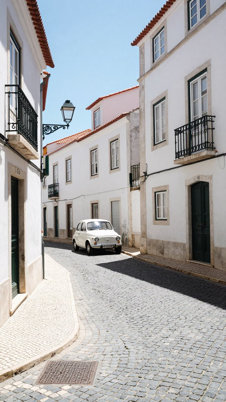 Sunlit Alfama Street Corner in Lisbon Portugal with Vintage Car and Local Shop Display in in Lisbon, Portugal