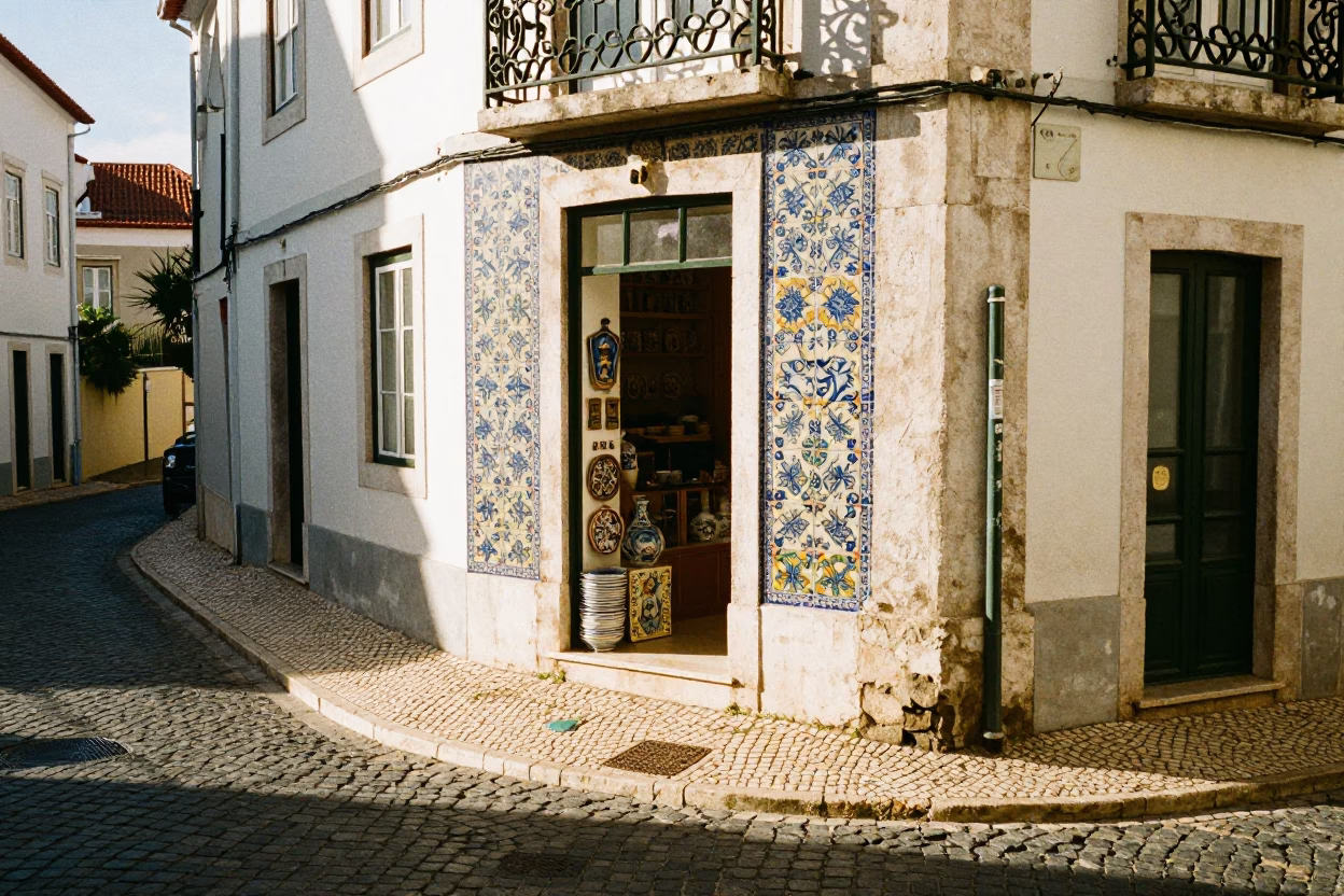 Sunlit Alfama Street Corner with Traditional Ceramics and Vintage Details in Early Afternoon Lisbon in in Lisbon, Portugal