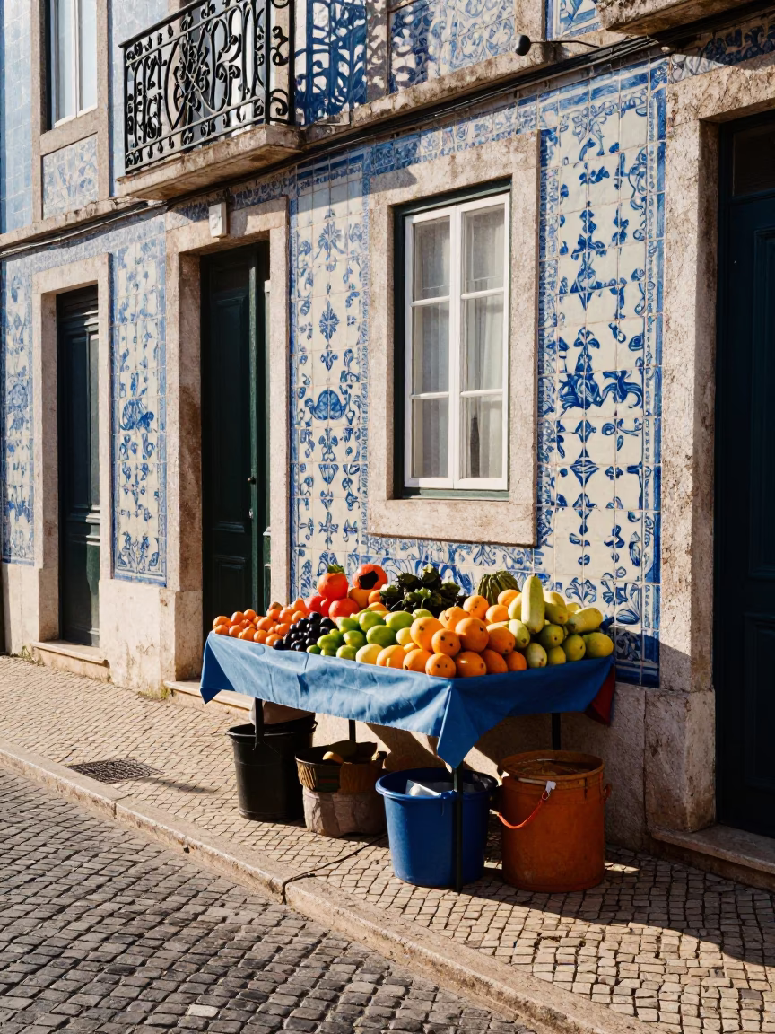 Sunlit Alfama Street Scene in Lisbon with Fruit Seller and Traditional Tiles in in Lisbon, Portugal