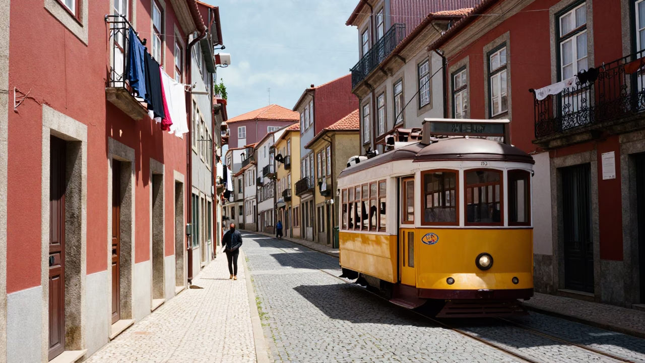 Sunlit Alfama Street Scene with Cable Car and Traditional Portuguese Architecture in in Porto, Portugal
