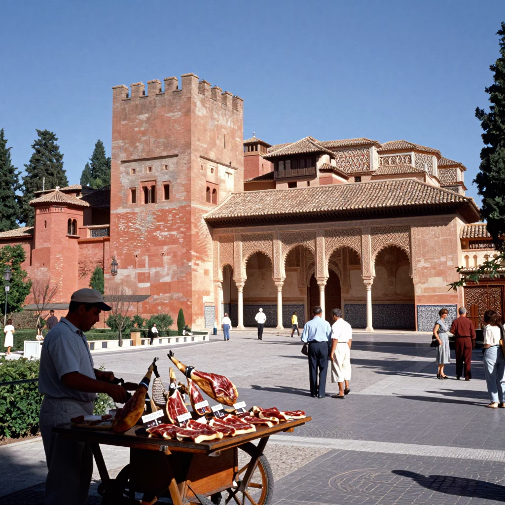 Sunlit Alhambra Palace View with Tourist Street Scene in Granada Spain in in Granada, Spain
