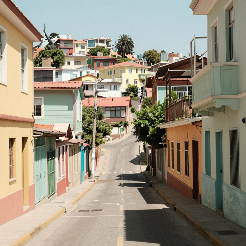 Sunlit Alley in Valparaiso at The Flat Glare Of Noon Light in in Valparaiso, Chile