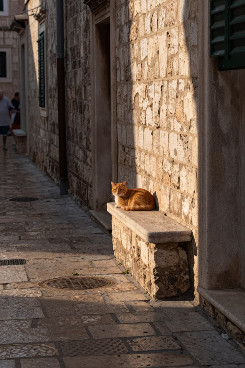 Sunlit Alley just after sunrise in Dubrovnik in in Dubrovnik, Croatia