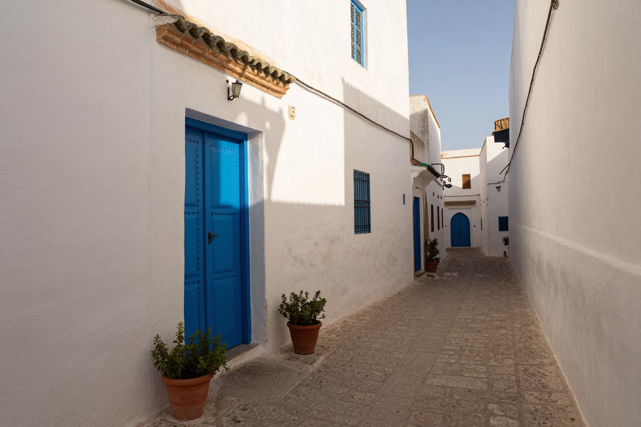 Sunlit Alleyway in Essaouira Morocco with Blue Door and Potted Herbs in in Essaouira, Morocco