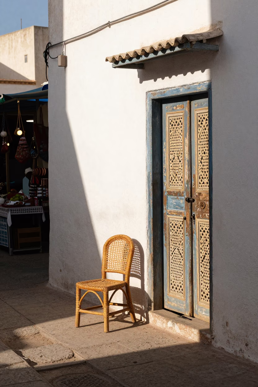 Sunlit Alleyway in Essaouira Morocco with Wicker Chair and Local Market Details in in Essaouira, Morocco