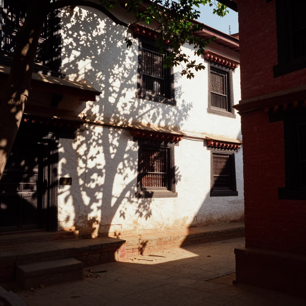 Sunlit Alleyway in Kathmandu Nepal with Dappled Leaf Shadows and Traditional Architecture in in Kathmandu, Nepal