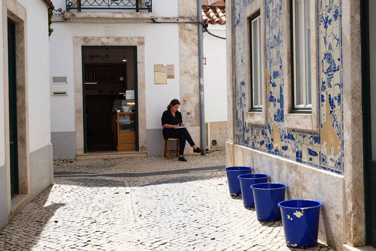Sunlit Alleyway in Lisbon With Chipped Blue Enamel Pots and Crochet Hook in in Lisbon, Portugal