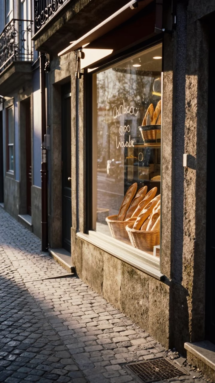 Sunlit Alleyway in Porto Portugal with Baguettes and Morning Light in in Porto, Portugal