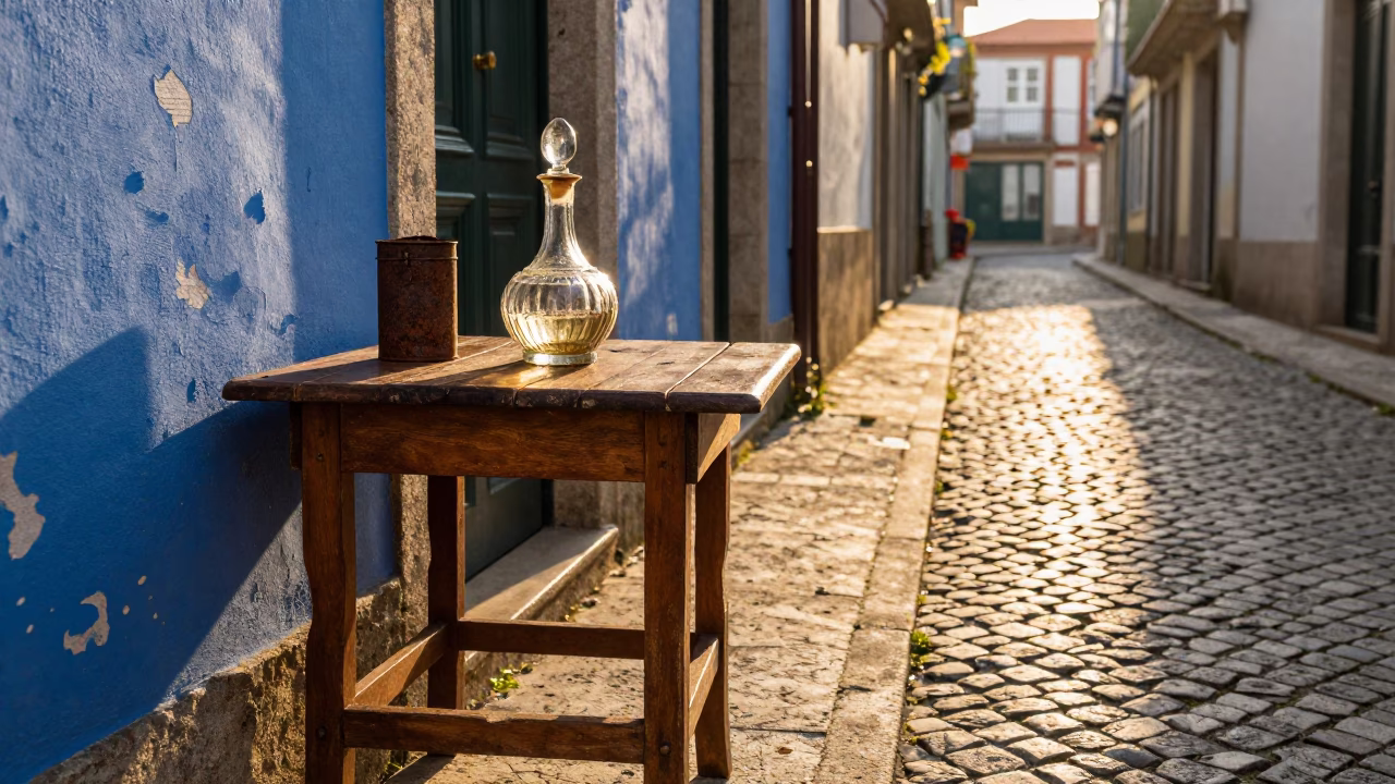Sunlit Alleyway in Porto With Vintage Decanter and Rusty Tin Box in in Porto, Portugal