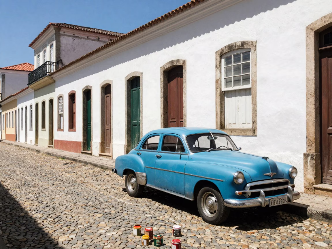Sunlit Alleyway in Salvador Brazil with Vintage Car and Spice Tins in in Salvador, Brazil