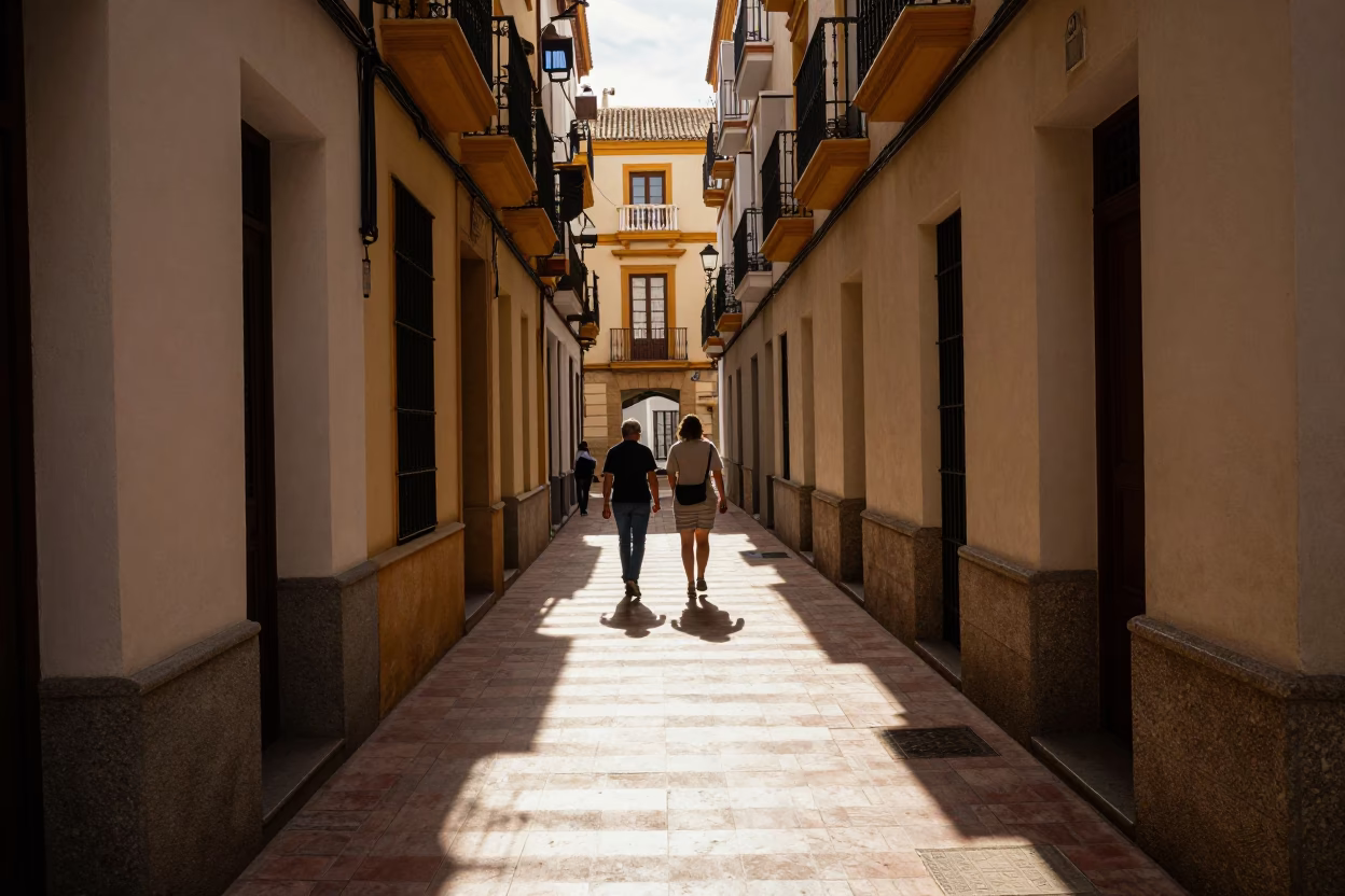 Sunlit Alleyway in Valencia Spain With Striped Shadows And Local Life in in Valencia, Spain